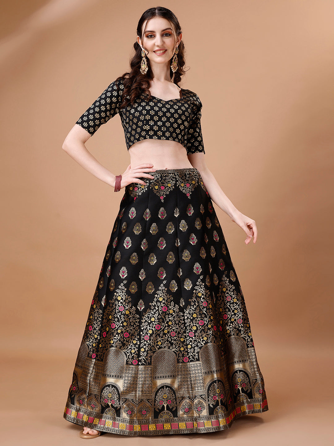 Lorenvalley Fashion Black & Pink Semi-Stitched Lehenga & Unstitched Blouse With Dupatta | Swadesiicart