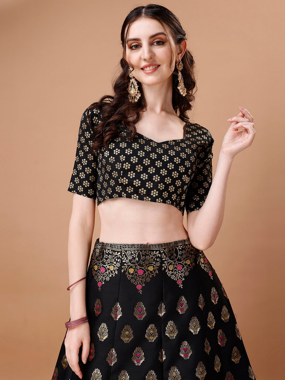 Lorenvalley Fashion Black & Pink Semi-Stitched Lehenga & Unstitched Blouse With Dupatta | Swadesiicart