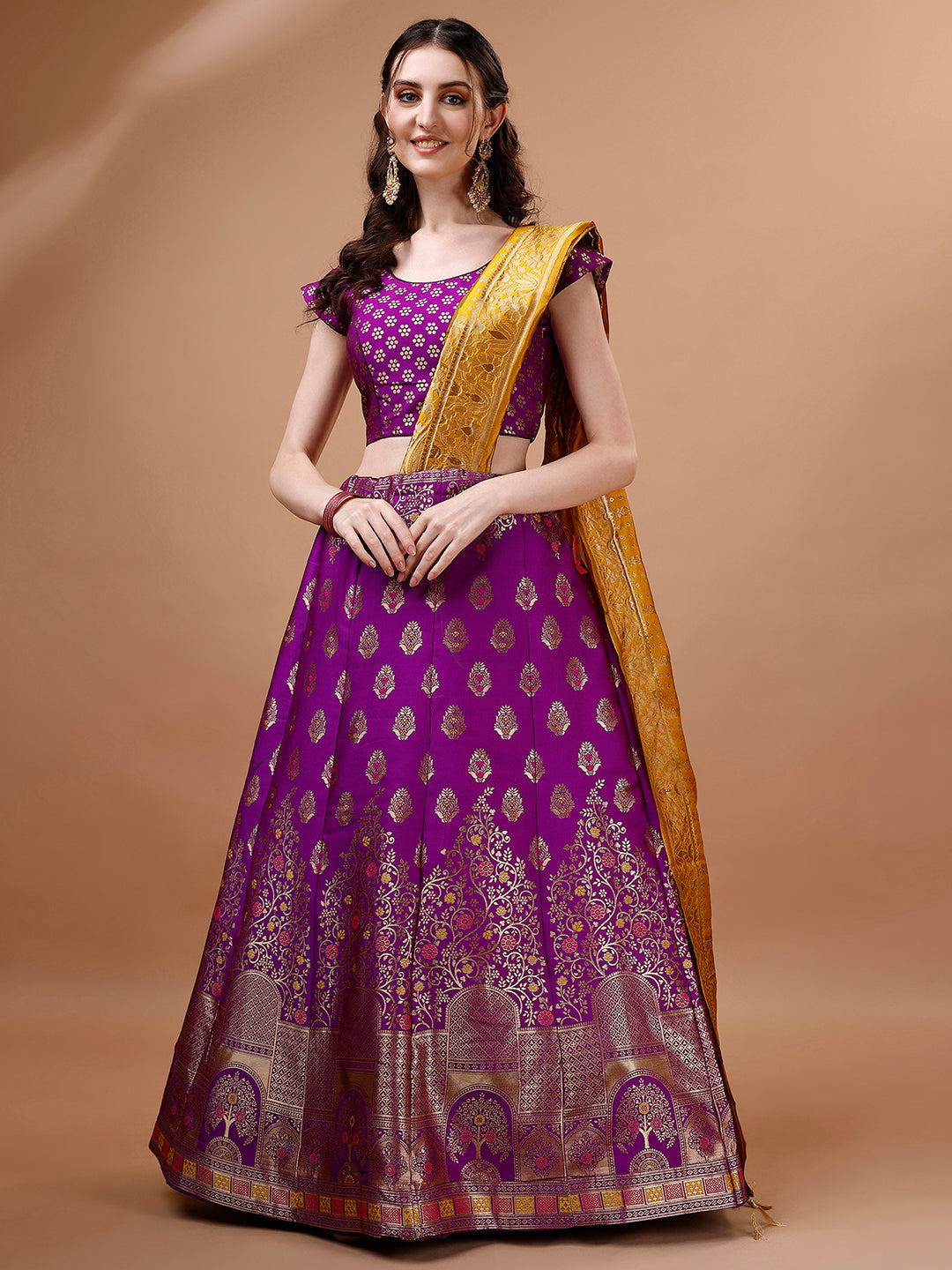 Lorenvalley Fashion Purple & Mustard Semi-Stitched Lehenga & Unstitched Blouse With Dupatta | Swadesiicart