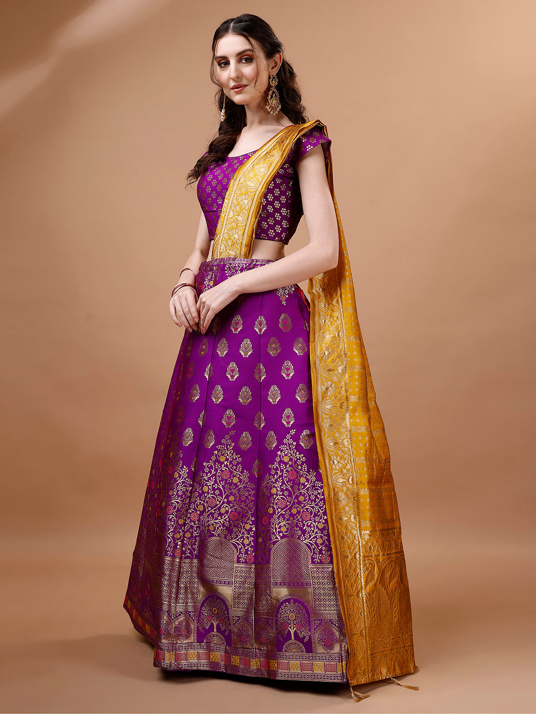 Lorenvalley Fashion Purple & Mustard Semi-Stitched Lehenga & Unstitched Blouse With Dupatta | Swadesiicart