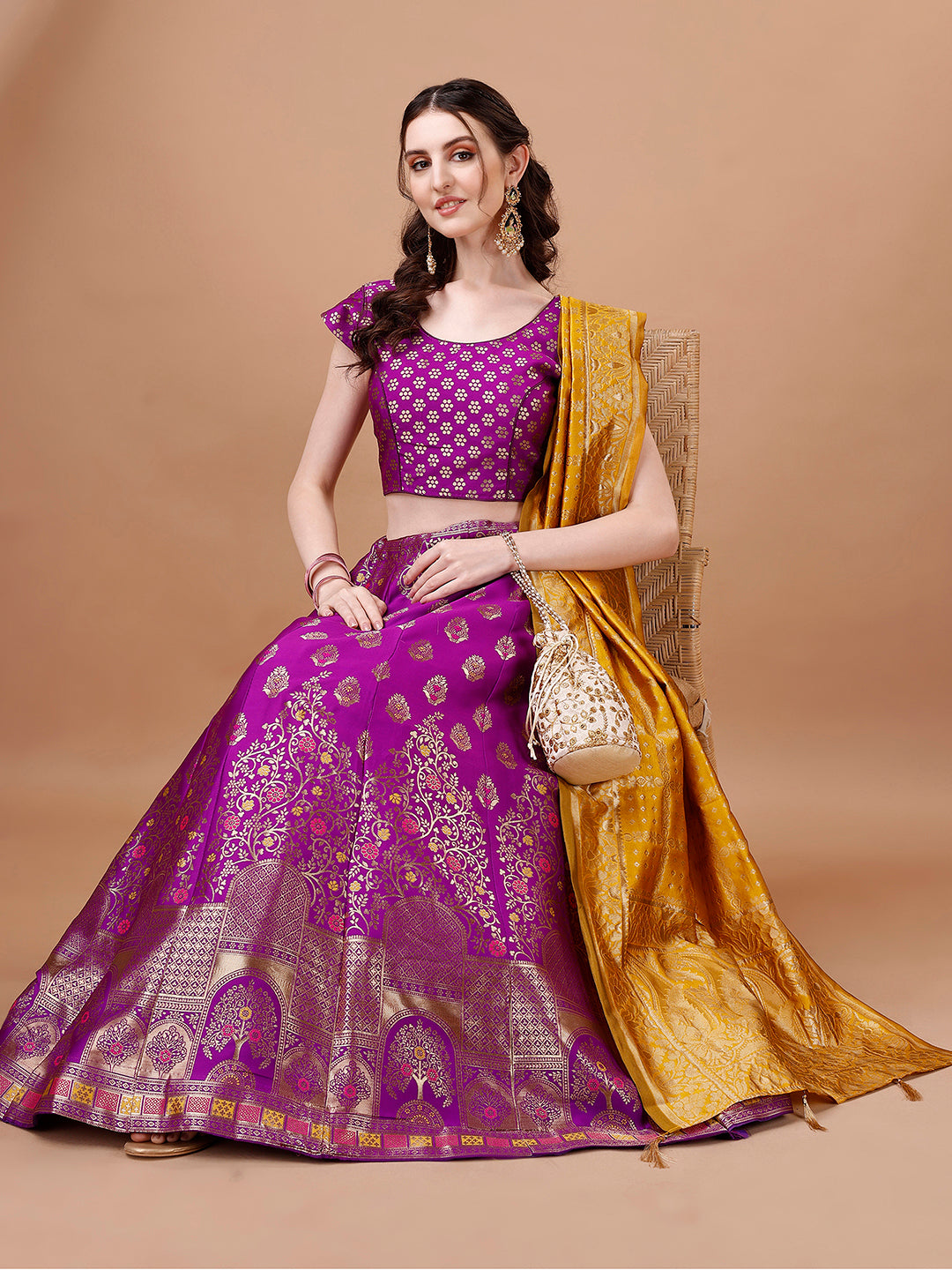 Lorenvalley Fashion Purple & Mustard Semi-Stitched Lehenga & Unstitched Blouse With Dupatta | Swadesiicart