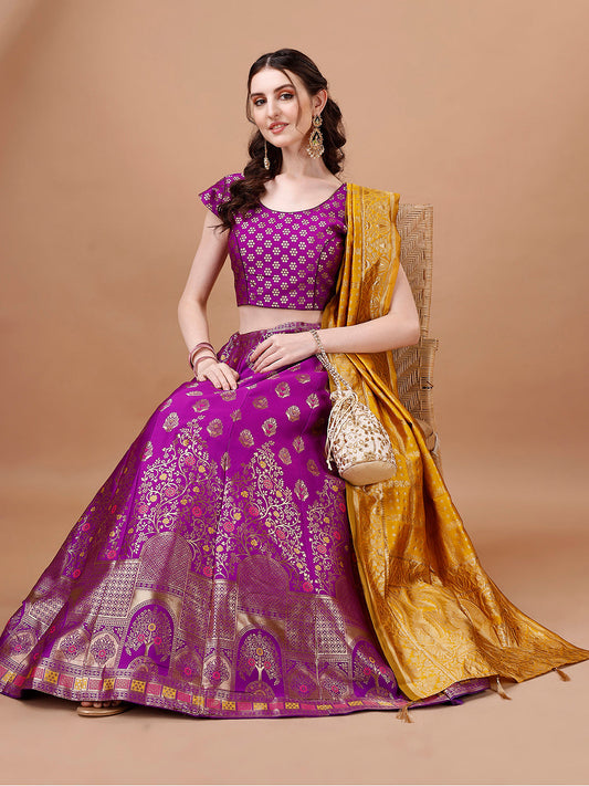 Lorenvalley Fashion Purple & Mustard Semi-Stitched Lehenga & Unstitched Blouse With Dupatta | Swadesiicart