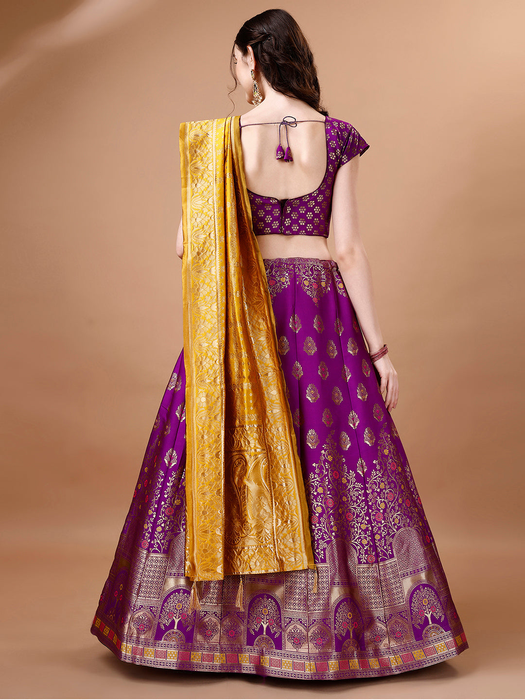 Lorenvalley Fashion Purple & Mustard Semi-Stitched Lehenga & Unstitched Blouse With Dupatta | Swadesiicart