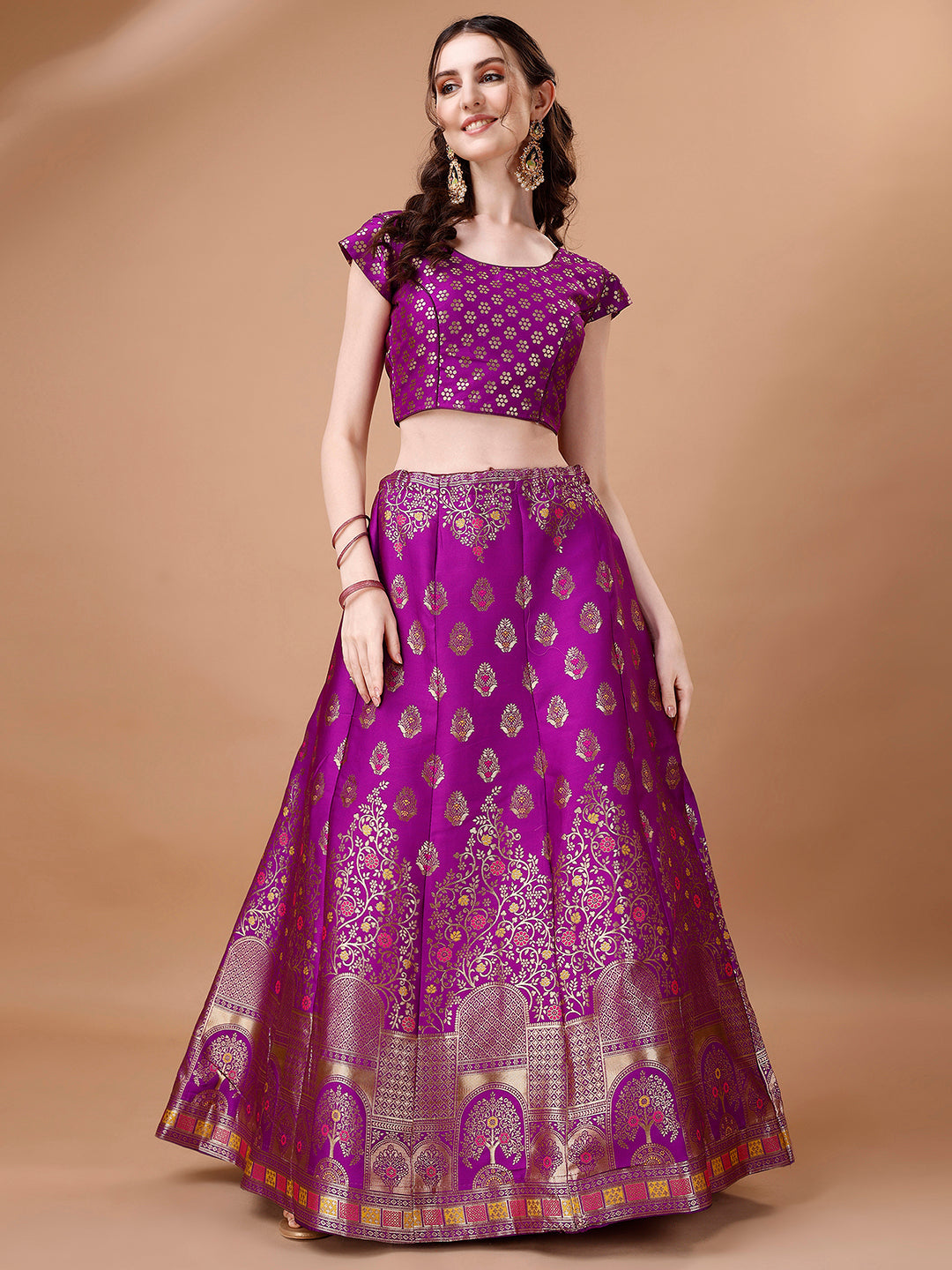 Lorenvalley Fashion Purple & Mustard Semi-Stitched Lehenga & Unstitched Blouse With Dupatta | Swadesiicart