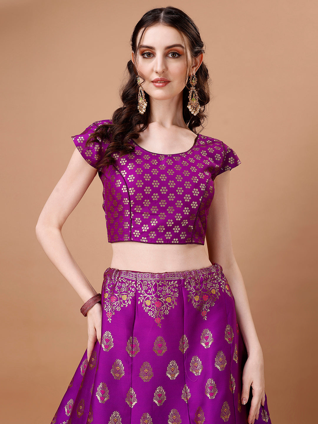 Lorenvalley Fashion Purple & Mustard Semi-Stitched Lehenga & Unstitched Blouse With Dupatta | Swadesiicart