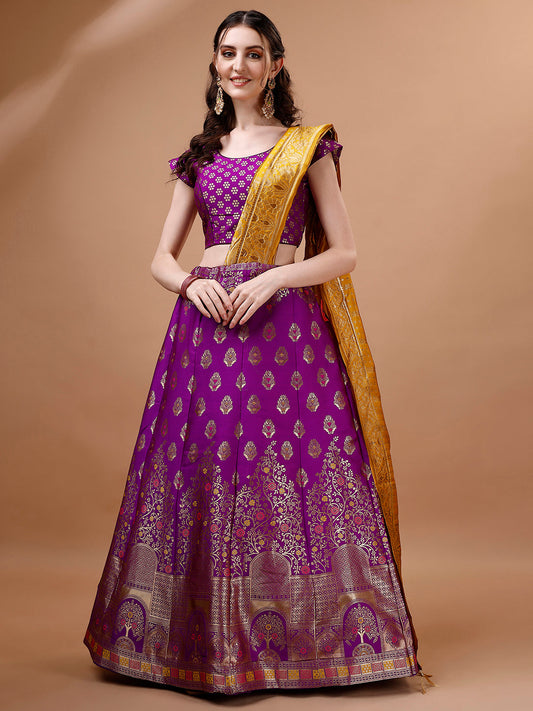 Lorenvalley Fashion Purple & Mustard Semi-Stitched Lehenga & Unstitched Blouse With Dupatta | Swadesiicart