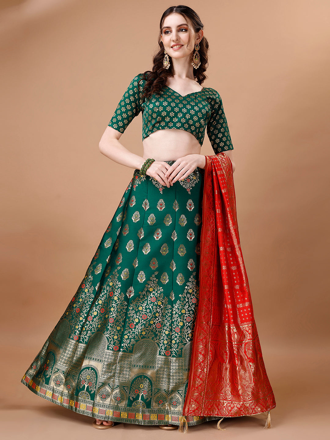 Lorenvalley Fashion Green & Red Semi-Stitched Lehenga & Unstitched Blouse With Dupatta | Swadesiicart