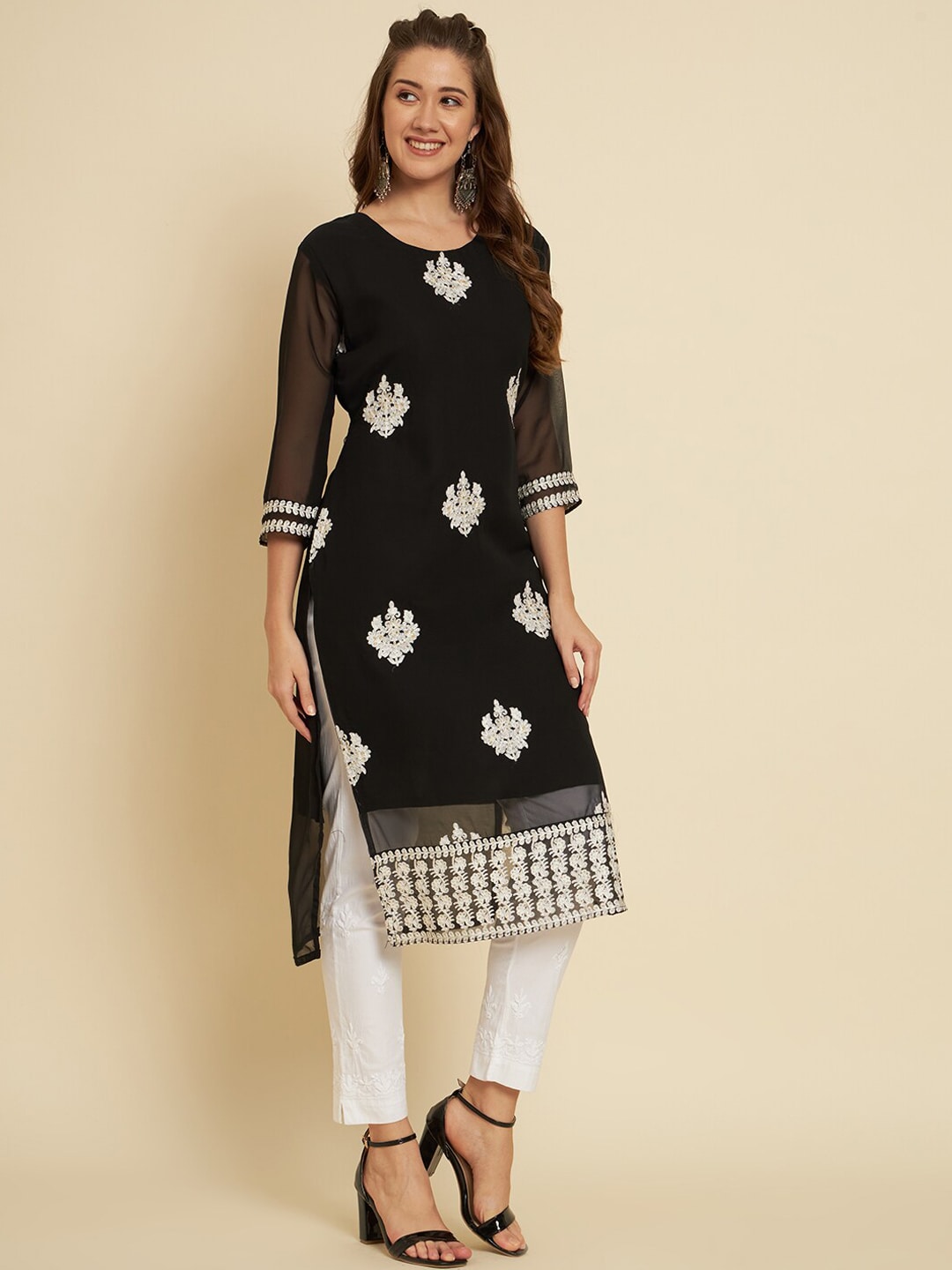 HERE&NOW Black & White Ethnic Motifs Chikankari Embroidered Georgette Kurta | Swadesiicart