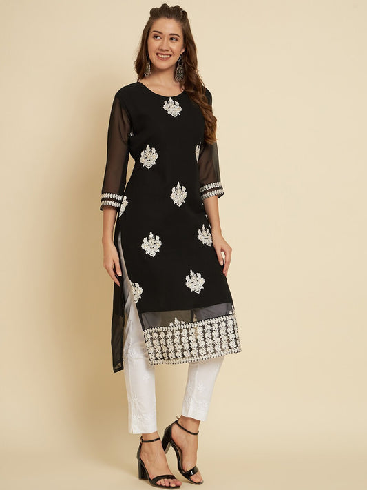 HERE&NOW Black & White Ethnic Motifs Chikankari Embroidered Georgette Kurta | Swadesiicart