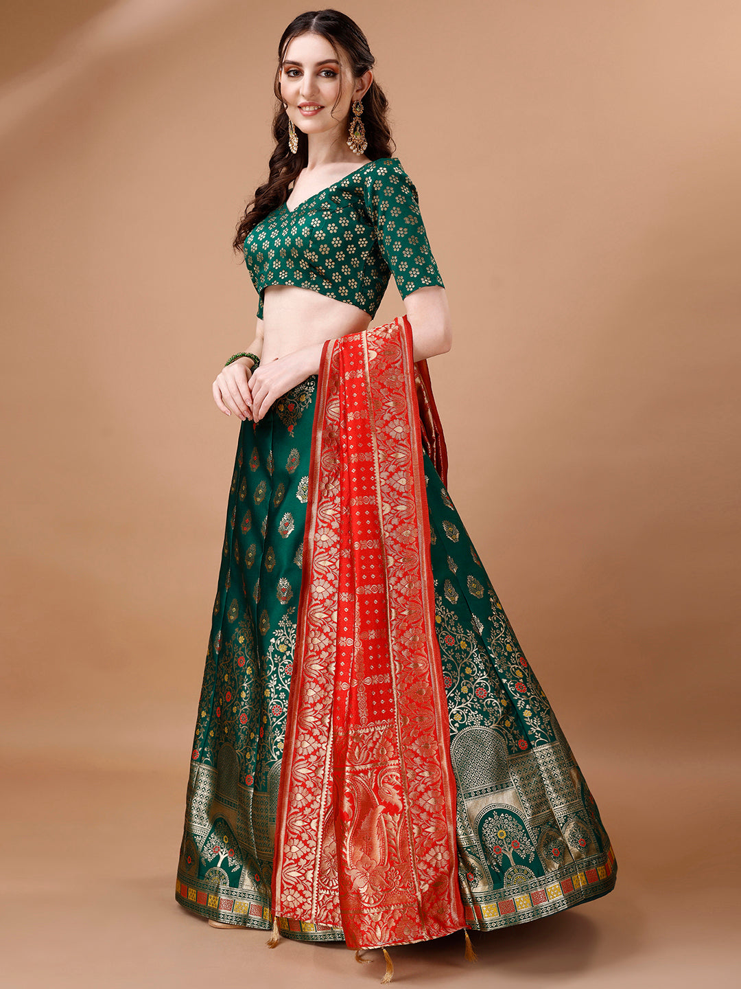 Lorenvalley Fashion Green & Red Semi-Stitched Lehenga & Unstitched Blouse With Dupatta | Swadesiicart