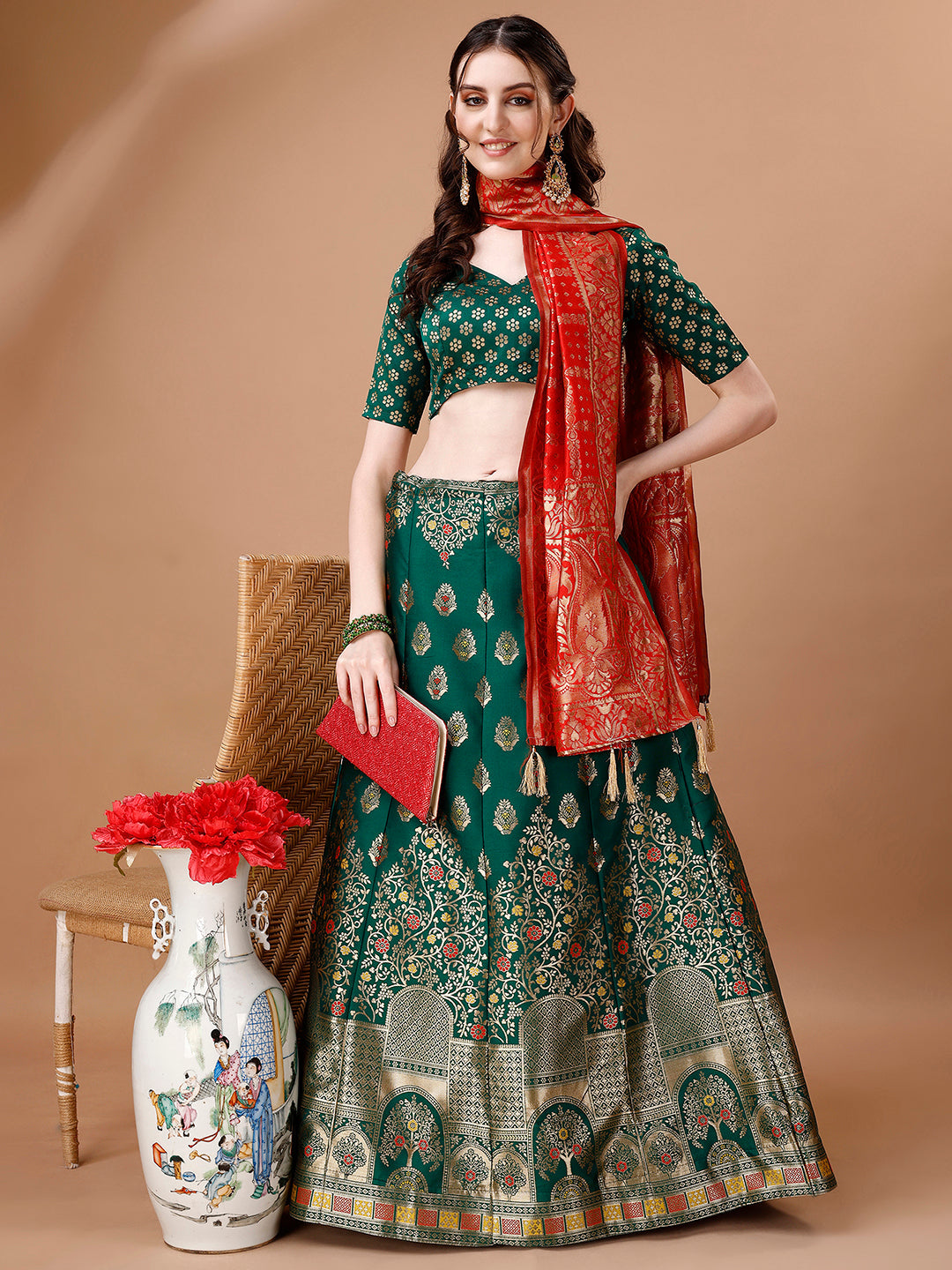 Lorenvalley Fashion Green & Red Semi-Stitched Lehenga & Unstitched Blouse With Dupatta | Swadesiicart
