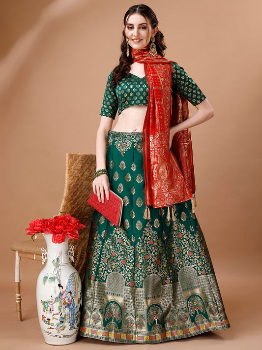 Lorenvalley Fashion Green & Red Semi-Stitched Lehenga & Unstitched Blouse With Dupatta | Swadesiicart