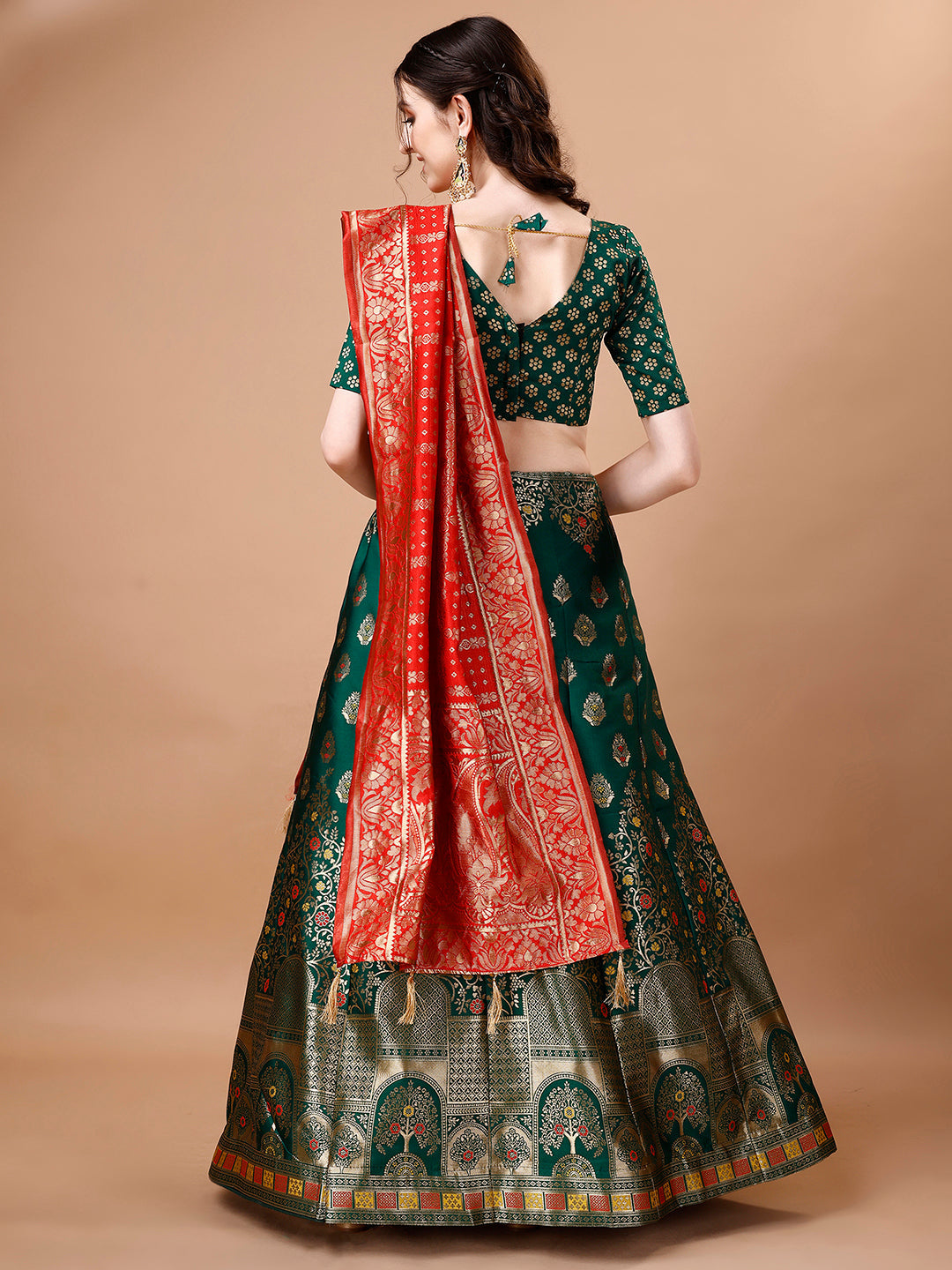Lorenvalley Fashion Green & Red Semi-Stitched Lehenga & Unstitched Blouse With Dupatta | Swadesiicart