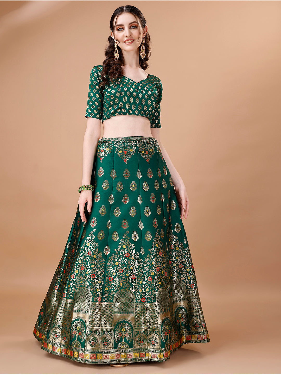 Lorenvalley Fashion Green & Red Semi-Stitched Lehenga & Unstitched Blouse With Dupatta | Swadesiicart