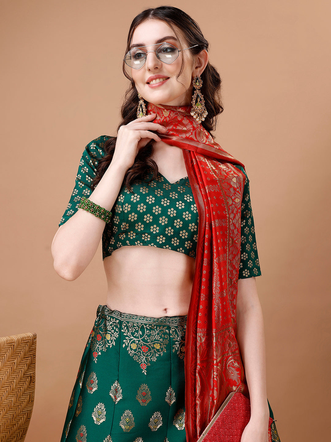 Lorenvalley Fashion Green & Red Semi-Stitched Lehenga & Unstitched Blouse With Dupatta | Swadesiicart