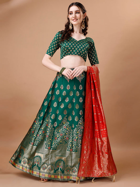 Lorenvalley Fashion Green & Red Semi-Stitched Lehenga & Unstitched Blouse With Dupatta | Swadesiicart