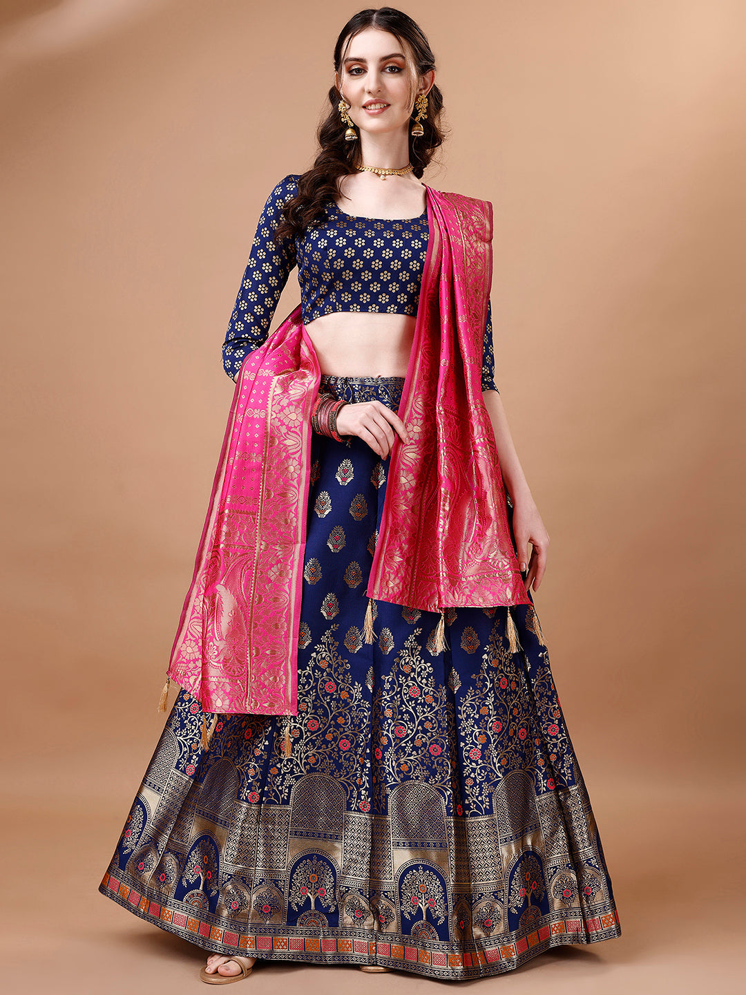 Lorenvalley Fashion Blue & Pink Semi-Stitched Lehenga & Unstitched Blouse With Dupatta | Swadesiicart