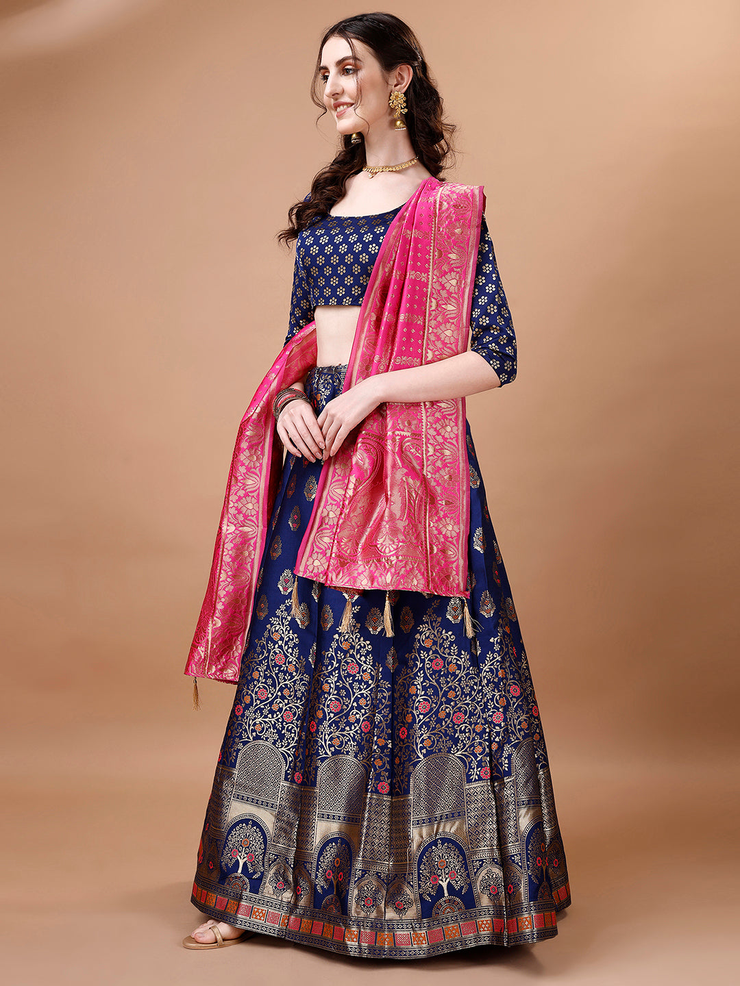 Lorenvalley Fashion Blue & Pink Semi-Stitched Lehenga & Unstitched Blouse With Dupatta | Swadesiicart