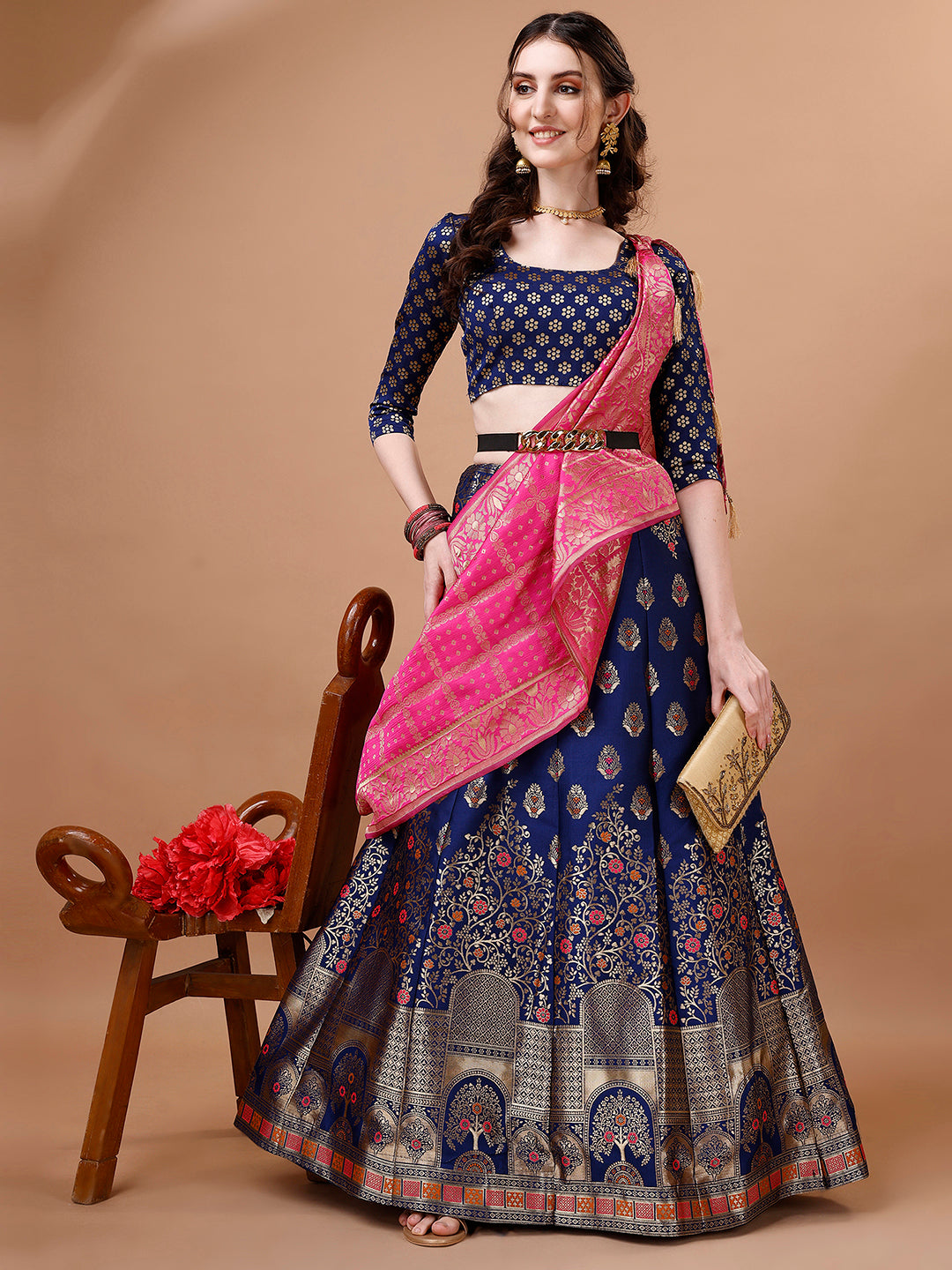 Lorenvalley Fashion Blue & Pink Semi-Stitched Lehenga & Unstitched Blouse With Dupatta | Swadesiicart