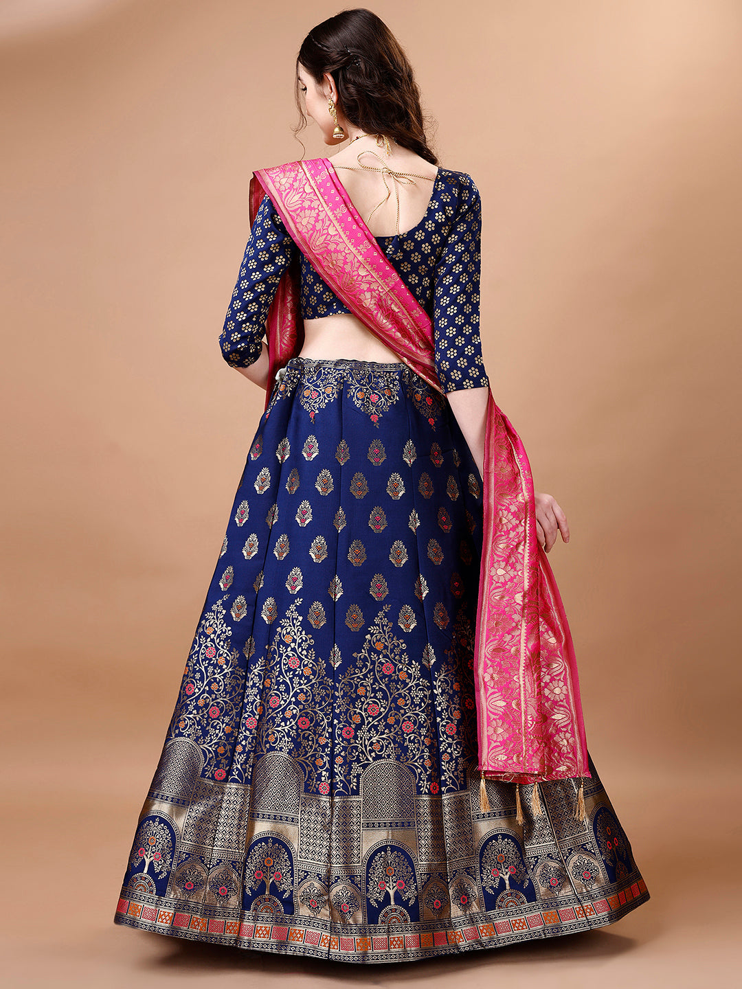 Lorenvalley Fashion Blue & Pink Semi-Stitched Lehenga & Unstitched Blouse With Dupatta | Swadesiicart