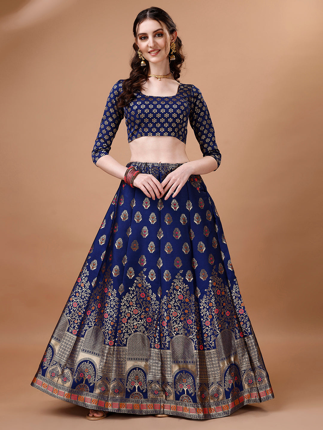 Lorenvalley Fashion Blue & Pink Semi-Stitched Lehenga & Unstitched Blouse With Dupatta | Swadesiicart