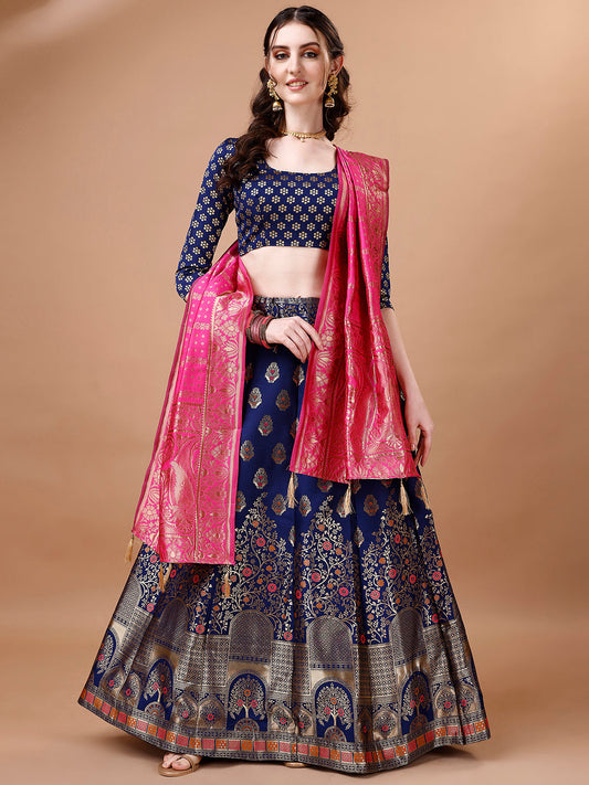 Lorenvalley Fashion Blue & Pink Semi-Stitched Lehenga & Unstitched Blouse With Dupatta | Swadesiicart