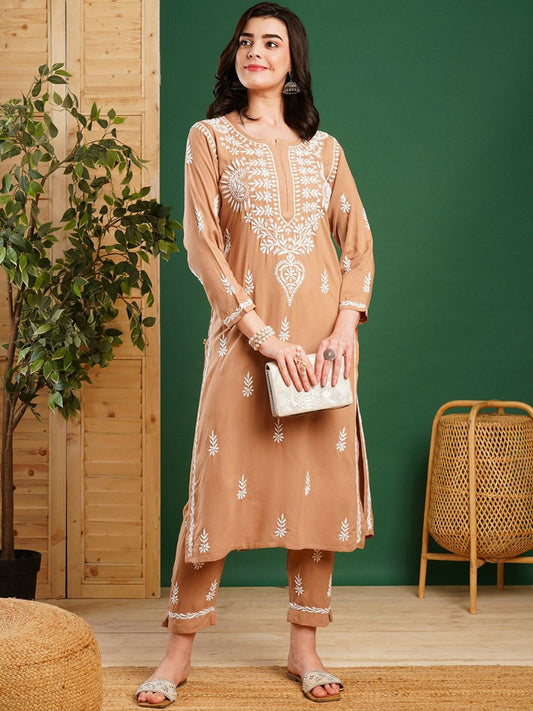 ADA Ethnic Motifs Embroidered Chikankari Kurta with Trousers | Swadesiicart