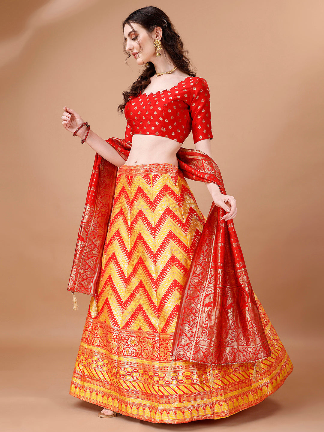Lorenvalley Fashion Yellow & Red Semi-Stitched Lehenga & Unstitched Blouse With Dupatta | Swadesiicart