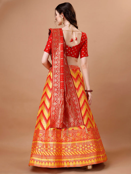 Lorenvalley Fashion Yellow & Red Semi-Stitched Lehenga & Unstitched Blouse With Dupatta | Swadesiicart