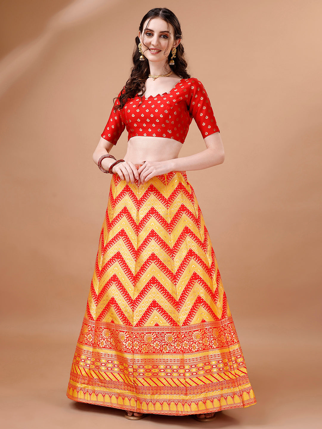 Lorenvalley Fashion Yellow & Red Semi-Stitched Lehenga & Unstitched Blouse With Dupatta | Swadesiicart