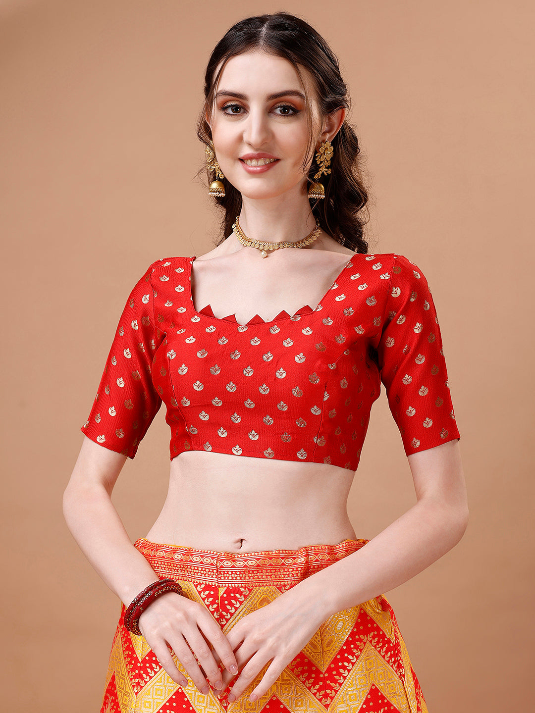 Lorenvalley Fashion Yellow & Red Semi-Stitched Lehenga & Unstitched Blouse With Dupatta | Swadesiicart