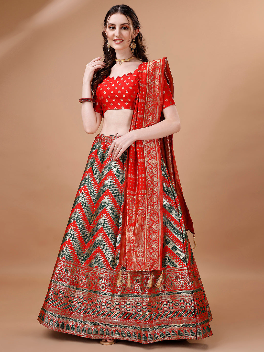 Lorenvalley Fashion Green & Red Semi-Stitched Lehenga & Unstitched Blouse With Dupatta | Swadesiicart