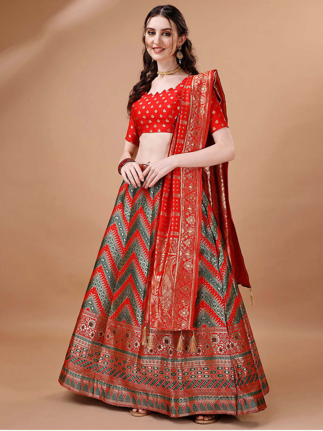 Lorenvalley Fashion Green & Red Semi-Stitched Lehenga & Unstitched Blouse With Dupatta | Swadesiicart