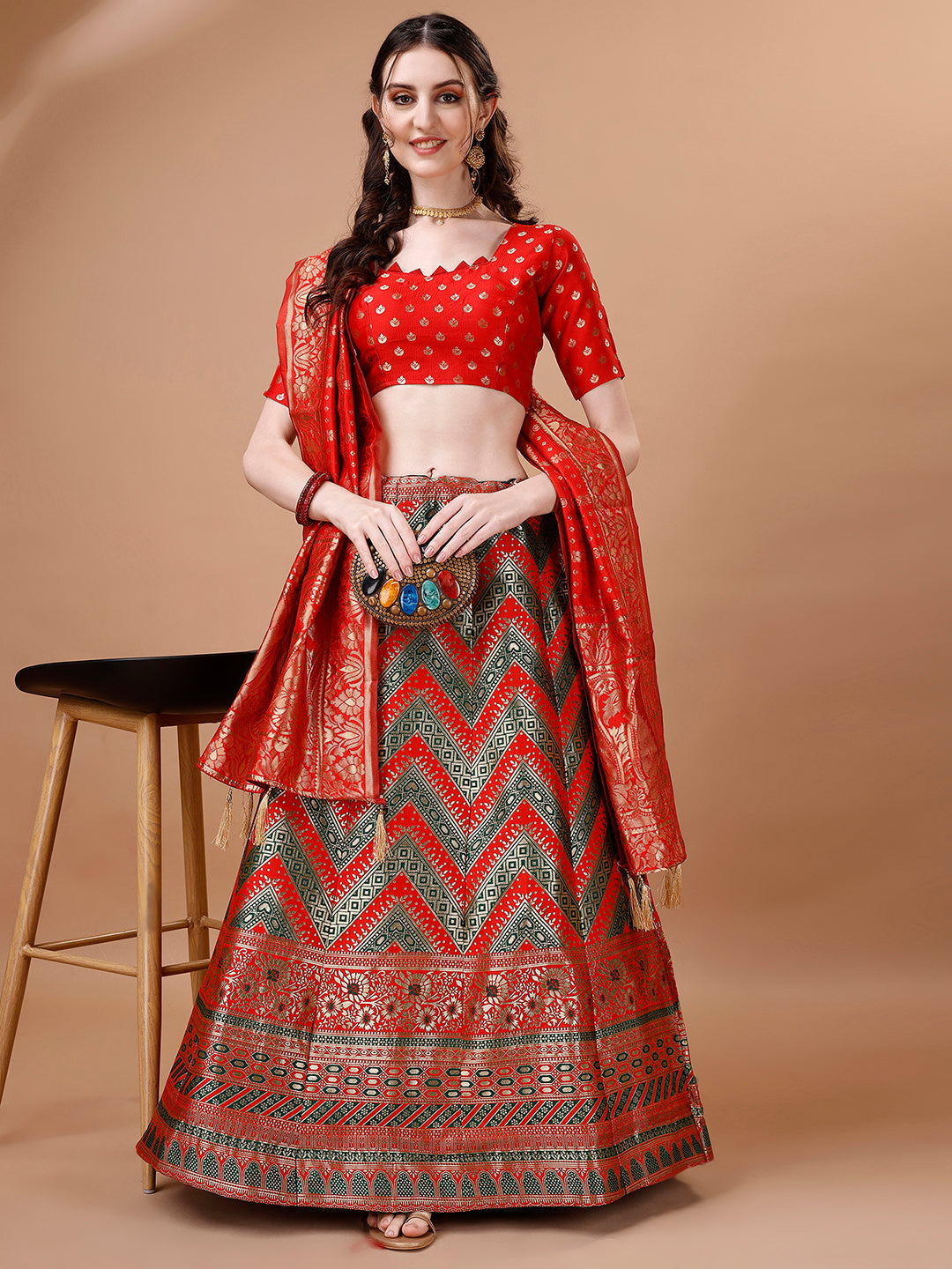 Lorenvalley Fashion Green & Red Semi-Stitched Lehenga & Unstitched Blouse With Dupatta | Swadesiicart