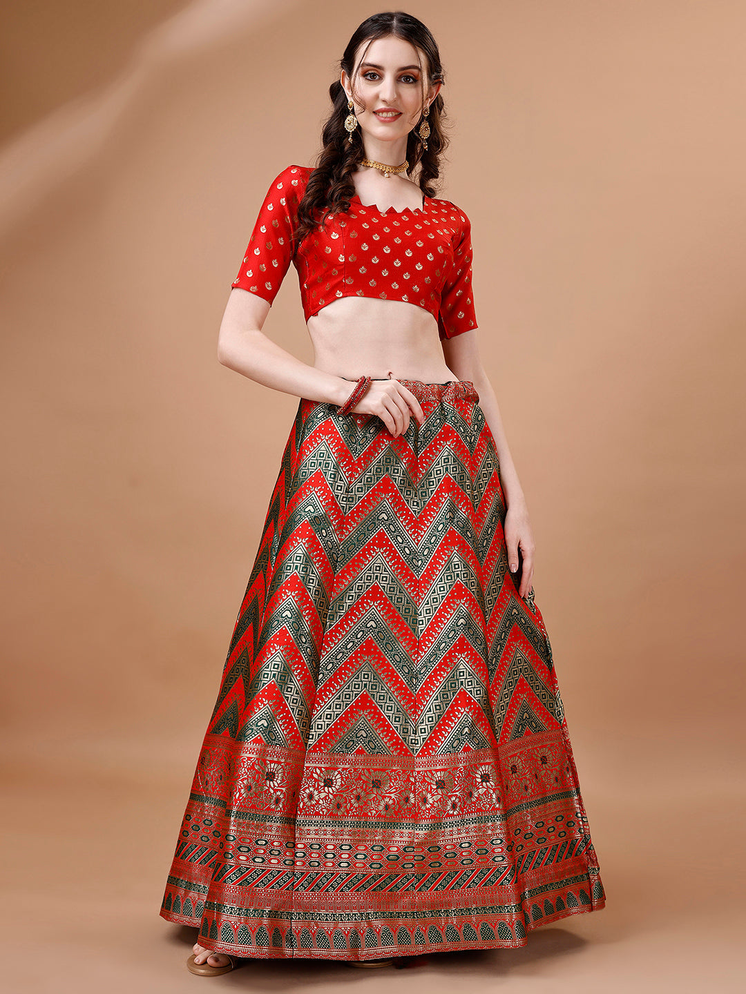 Lorenvalley Fashion Green & Red Semi-Stitched Lehenga & Unstitched Blouse With Dupatta | Swadesiicart