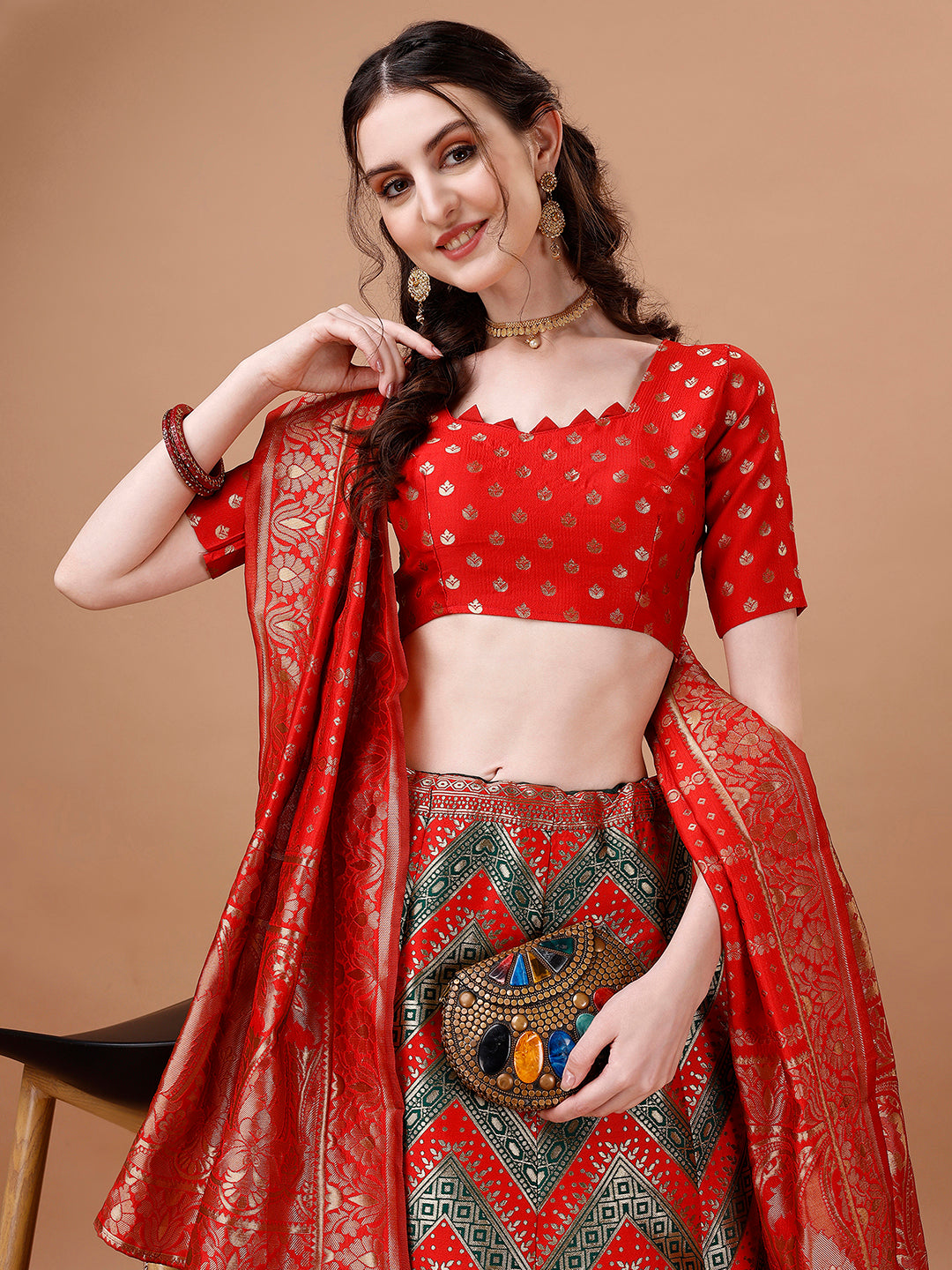 Lorenvalley Fashion Green & Red Semi-Stitched Lehenga & Unstitched Blouse With Dupatta | Swadesiicart