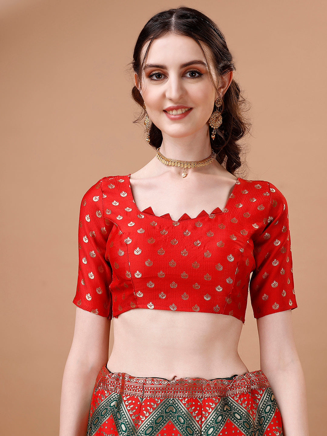 Lorenvalley Fashion Green & Red Semi-Stitched Lehenga & Unstitched Blouse With Dupatta | Swadesiicart