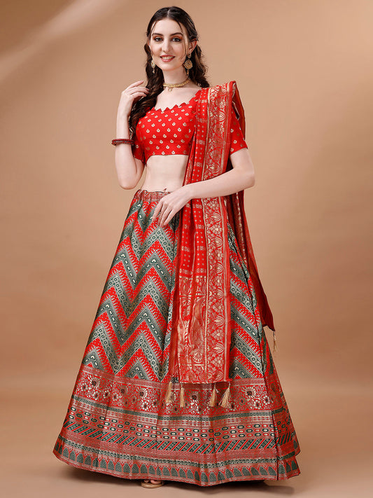 Lorenvalley Fashion Green & Red Semi-Stitched Lehenga & Unstitched Blouse With Dupatta | Swadesiicart