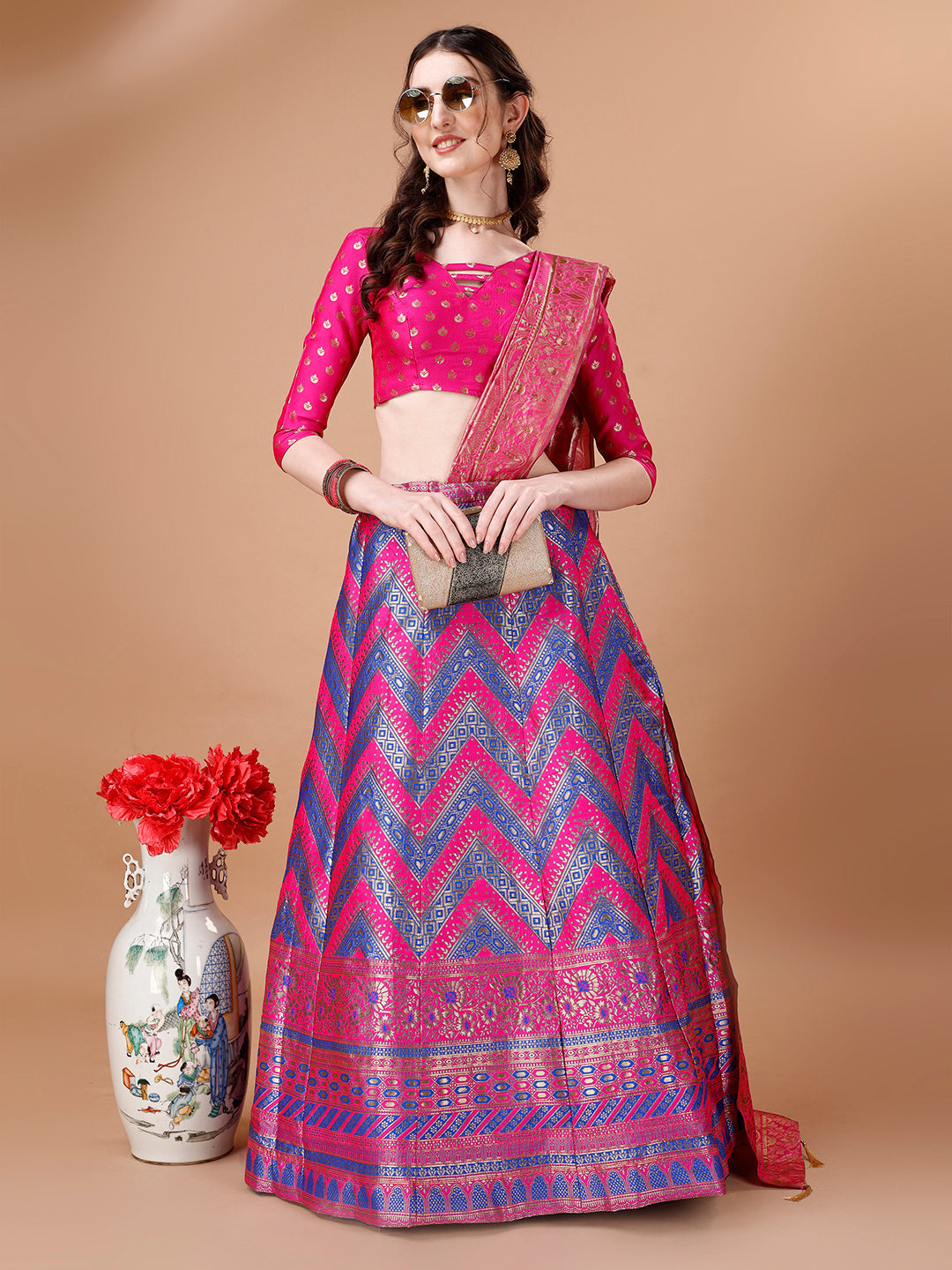 Lorenvalley Fashion Purple & Pink Semi-Stitched Lehenga & Unstitched Blouse With Dupatta | Swadesiicart