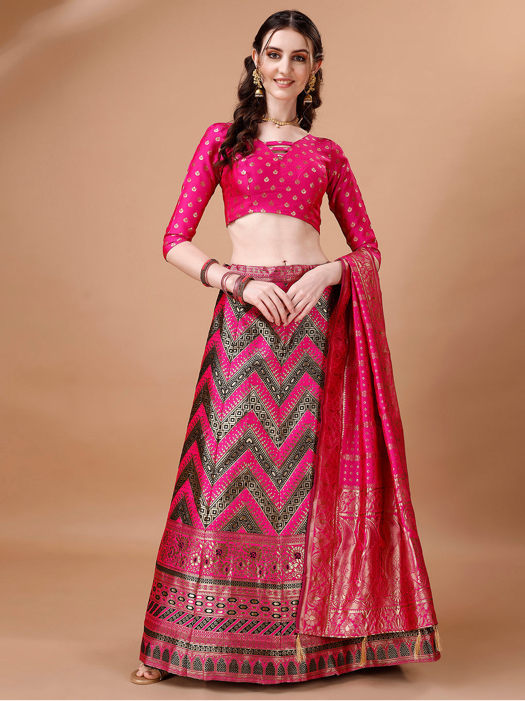 Lorenvalley Fashion Black & Pink Semi-Stitched Lehenga & Unstitched Blouse With Dupatta | Swadesiicart