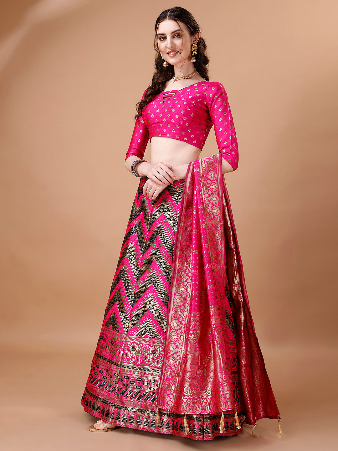 Lorenvalley Fashion Black & Pink Semi-Stitched Lehenga & Unstitched Blouse With Dupatta | Swadesiicart