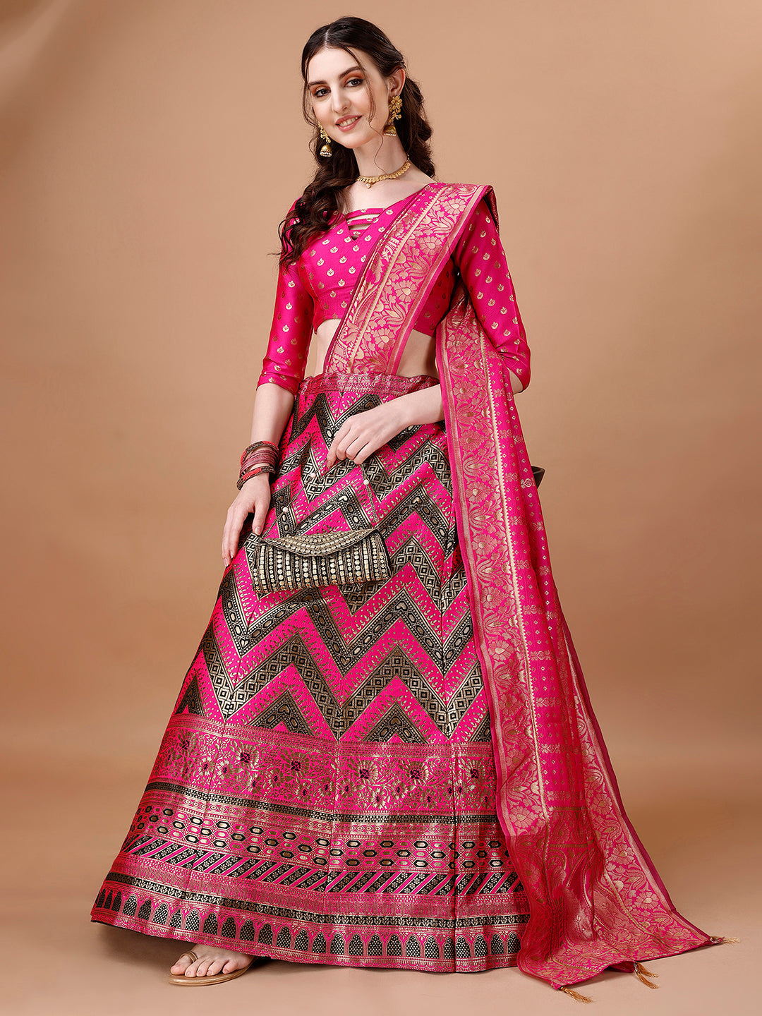 Lorenvalley Fashion Black & Pink Semi-Stitched Lehenga & Unstitched Blouse With Dupatta | Swadesiicart