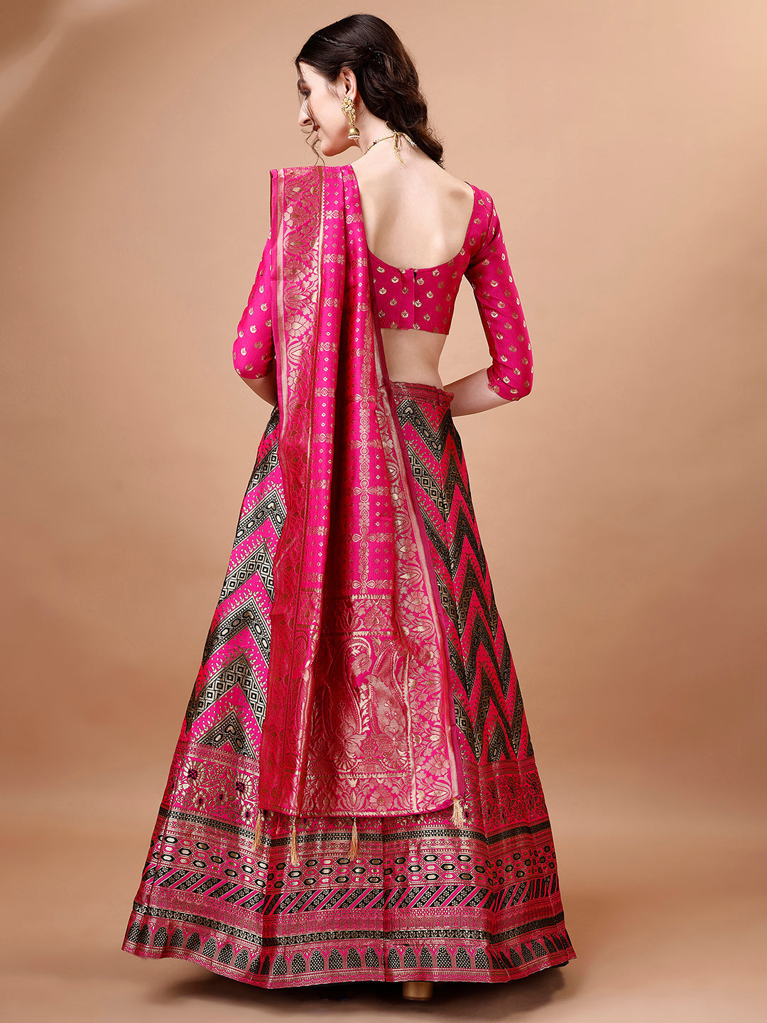 Lorenvalley Fashion Black & Pink Semi-Stitched Lehenga & Unstitched Blouse With Dupatta | Swadesiicart