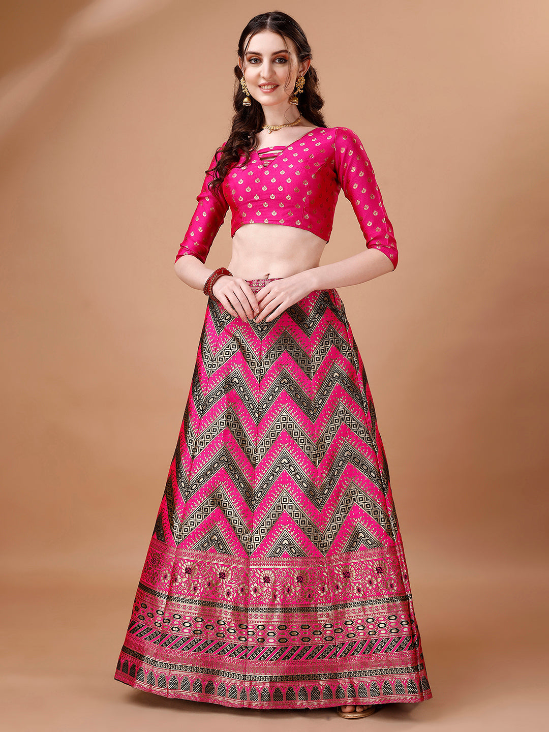 Lorenvalley Fashion Black & Pink Semi-Stitched Lehenga & Unstitched Blouse With Dupatta | Swadesiicart