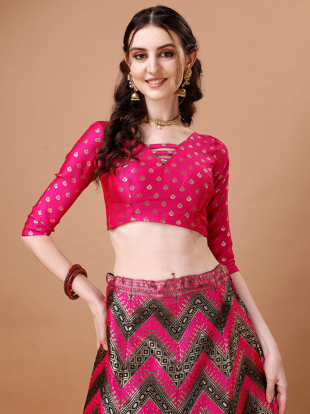 Lorenvalley Fashion Black & Pink Semi-Stitched Lehenga & Unstitched Blouse With Dupatta | Swadesiicart