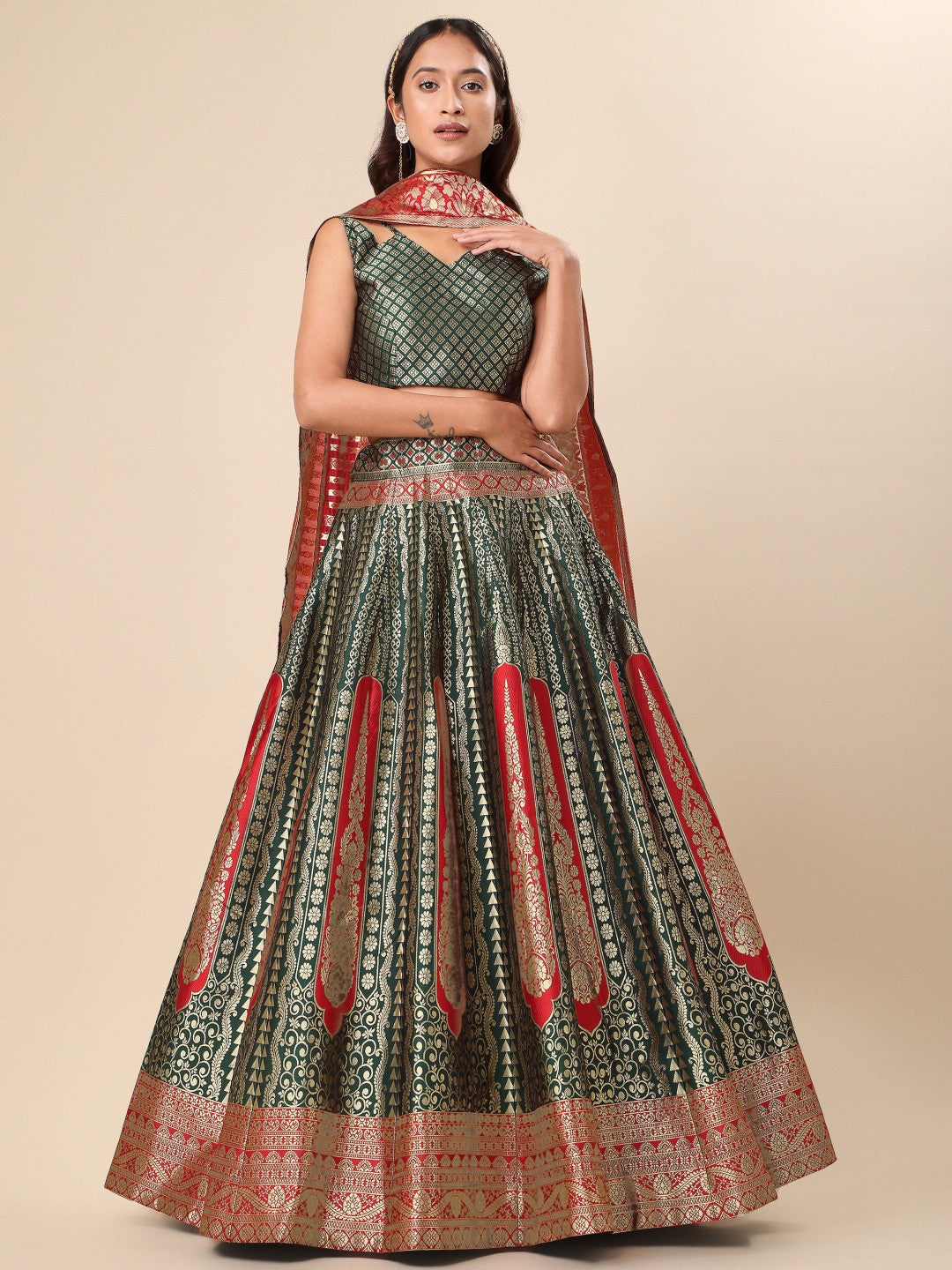 Lorenvalley Fashion Green Ready to Wear Lehenga & Unstitched Blouse With Dupatta | Swadesiicart