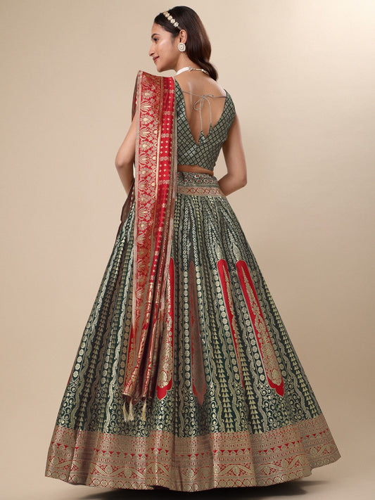 Lorenvalley Fashion Green Ready to Wear Lehenga & Unstitched Blouse With Dupatta | Swadesiicart