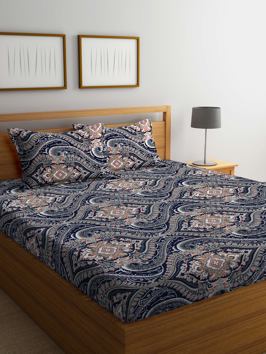 KLOTTHE Blue & Brown Ethnic Motif Printed 300 TC Fitted King Bedsheet With 2 Pillow Covers - Swadesiicart