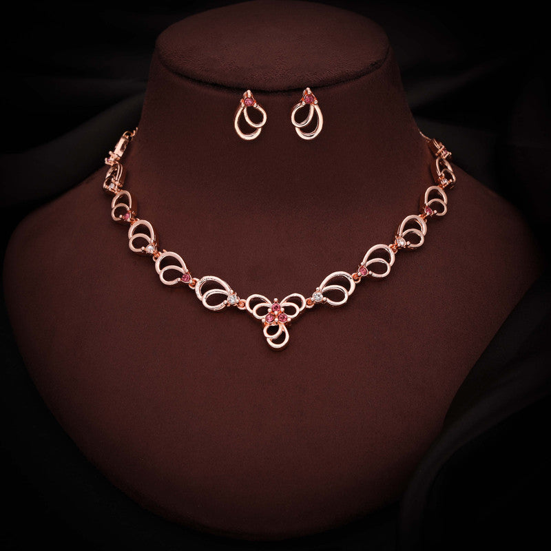 Tehzeeb Creationss Gold-Polished Choker Pink Stone Necklace With Stud Earrings - Swadesiicart
