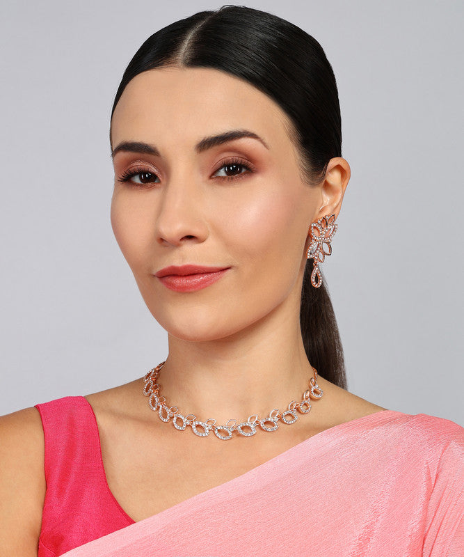 Tehzeeb Creationss Rose Gold-Polished Necklace With Stud - Swadesiicart